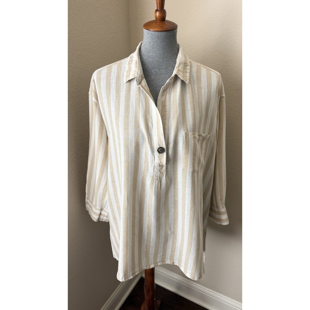 Old Navy Women’s Size XL Khaki Striped Linen Blend Popover Tunic Top